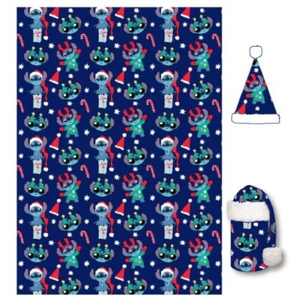 Ensemble Plaid et Bonnet Disney / Stitch en flanelle Noël bleu