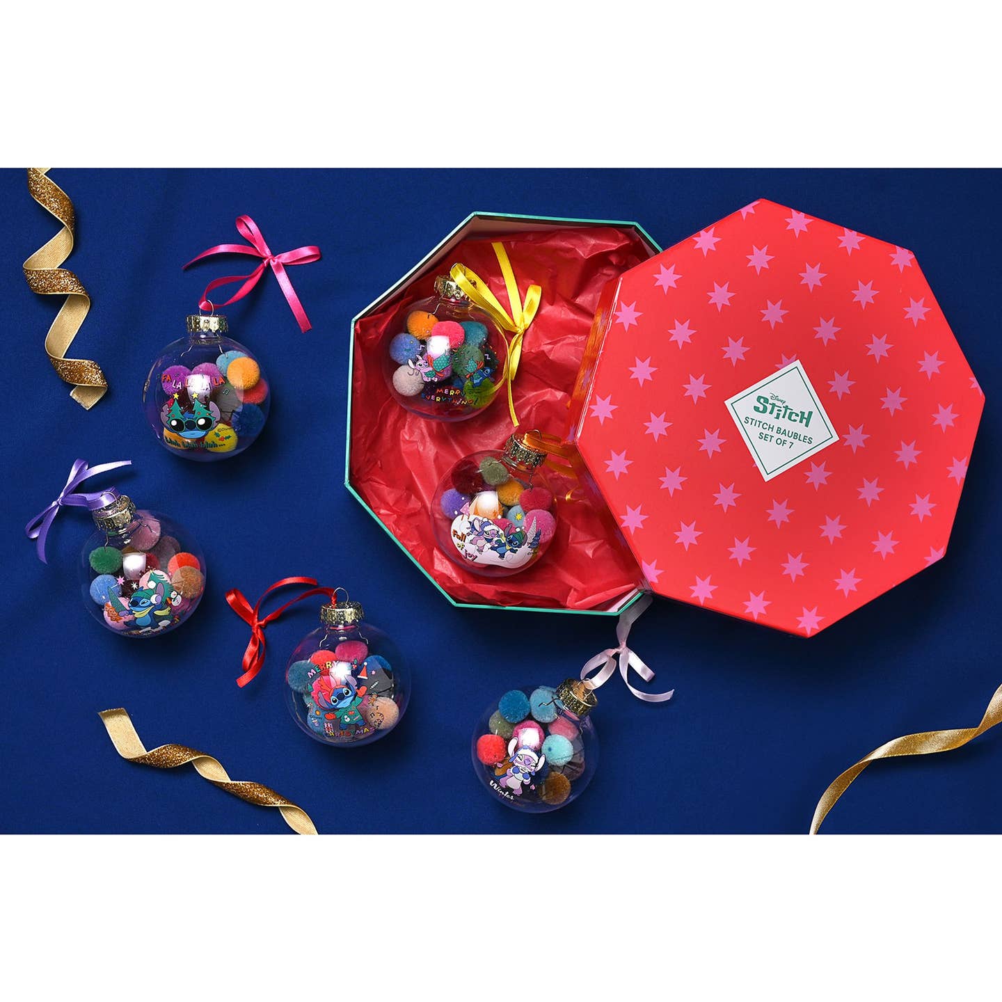 Ensemble de 7 boules de Noël Disney Stitch avec pompons