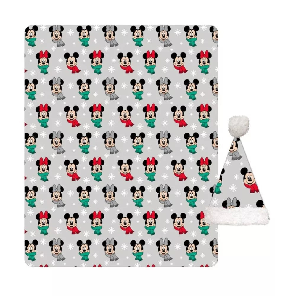 Ensemble Plaid + Bonnet en polaire corail Disney Mickey / Minnie Noël