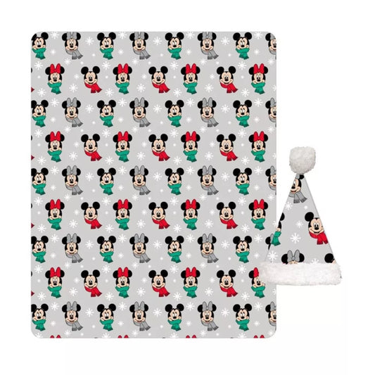 Ensemble Plaid + Bonnet en polaire corail Disney Mickey / Minnie Noël