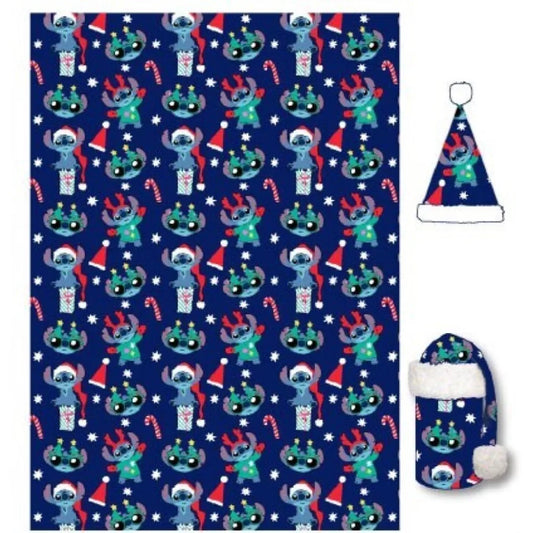 Ensemble Plaid et Bonnet Disney / Stitch en flanelle Noël bleu
